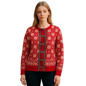 Casual Corner Red White Black Fair Isle Nordic Lined Vintage Lambswool Sweater L